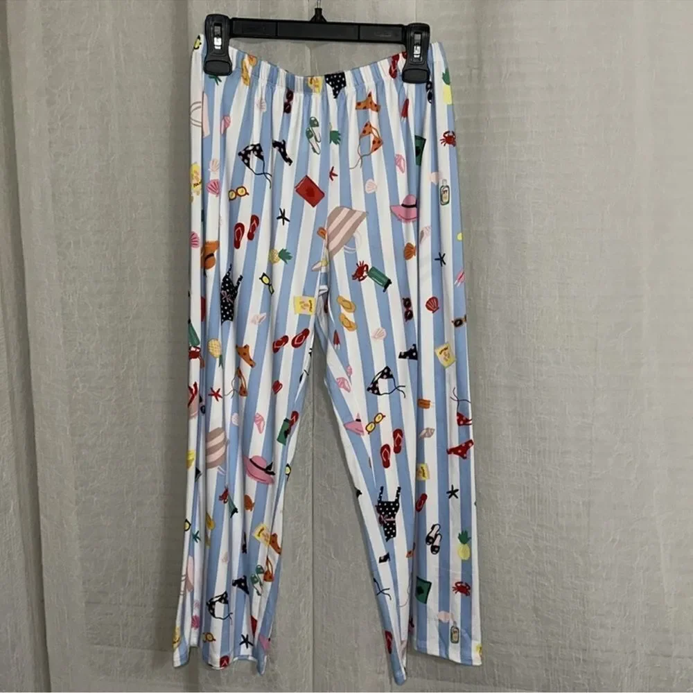 kate spade S White Aqua Blue Vertical Stripe Beach Themed Top Crop Pants PJ Set